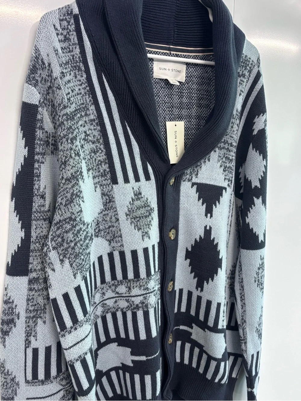 Sun+Stone Mens M Navy Blue Geometric Pattern Shawl Collar Cardigan Sweater NWT